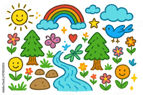 Colorful Forest Doodle. Colorful Hand-drawn doodle Children illustration Forest Springs water stream, rocks, trees, flowers, butterfly, sun, rainbow, cloud,
