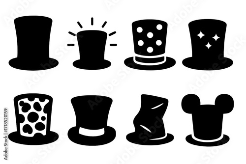 Novelty Top Hat Icons. Solid, filled icon set of novelty top hats: oversized top hat, glowing top hat, patterned top hat, glitter top hat, animal print hat,