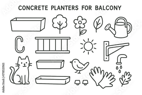 Balcony Planter Doodle. Hand-drawn doodle illustration [Concrete planters for balcony] [rectangular planter, small tree, balcony rail, flower, leaf, watering