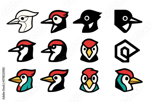 Woodpecker Logo Variations. Set Logo of Woodpecker: Woodpecker claw grip. Logo set in vector style, emblematic variations. line, bold thick line, solid black