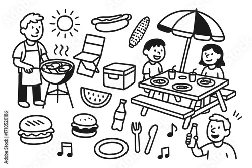 Barbecue Gathering Doodle. Hand-drawn doodle illustration barbecue gathering group of people, grill, folding chair, picnic table, cooler, burger, hotdog, corn