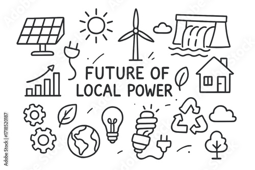 Sustainable Energy Icons. Hand-drawn doodle illustration Future of local power [solar panel, wind turbine, hydro dam, house, battery, plug, light bulb, recycle
