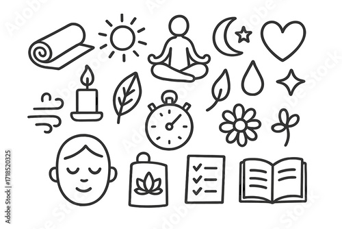Yoga Doodle Icons. Hand-drawn doodle illustration yoga and flexibility yoga mat, lotus pose icon, candle, leaf, water droplet, sun, moon, star, breathing
