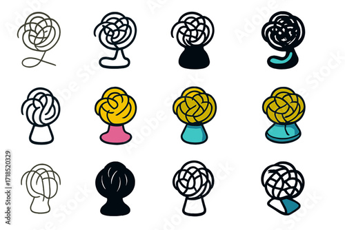 Tangled Hair Logo Variations. Set Logo of Tangle: Tangled Hair. Logo set in vector style, emblematic variations. line, bold thick line, solid black filled,