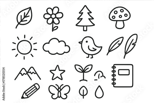 Nature Doodle Icons. Hand-drawn doodle illustration Nature sketchbook [leaf, flower, tree, mushroom, mountain, sun, cloud, bird, feather, star, sprout,