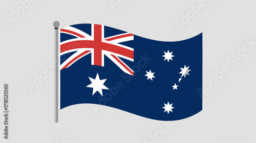 Australian Flag on Pole, National Emblem in Blue and Red with Stars Symbol