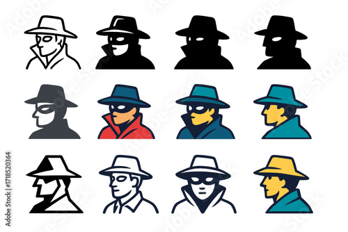 Mystery Mask Logos. Set Logo of Black Mystery: Masked figure. Logo set in vector style, emblematic variations. line, bold thick line, solid black filled, solid