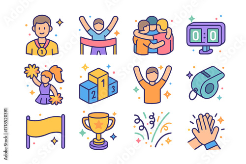 Sports Victory Icons. Colorful isometric vector icons set of sports victories: athlete with medal, raised arms at finish line, team huddle, scoreboard win,