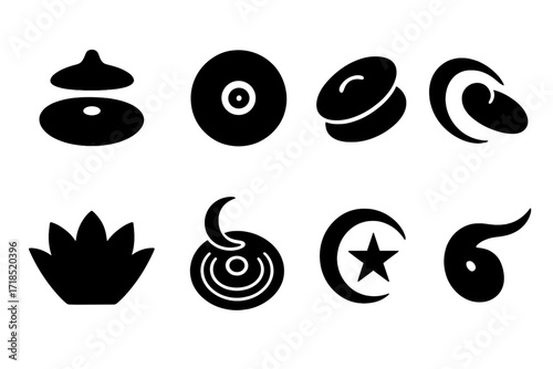 Cymbal Icons Grid. Solid, filled icon set of cymbals brands: Zildjian, Sabian, Meinl, Paiste, Wuhan, Istanbul Agop, Bosphorus, Dream. Solid, filled icons in