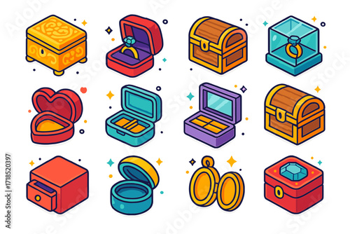 Colorful Jewelry Box Icons. Jewelry box. Colorful isometric vector icons set of jewelry box: ornate jewelry box, velvet ring box, wooden chest, glass display