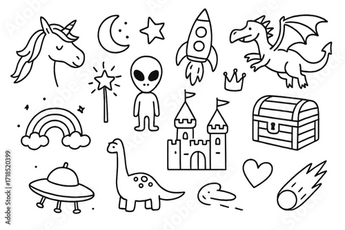 Chalk Fantasy Doodles. Hand-drawn doodle illustration Imaginative chalk doodles [unicorn, dragon, rocket, moon, star, alien, crown, fairy wand, castle,