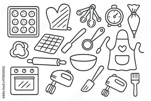 Cookie Baking Tools. Hand-drawn doodle illustration Cookie baking tools [baking sheet, cooling rack, oven mitt, spatula, measuring spoons, timer, dough scoop,