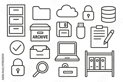 Digital Storage Icons. Hand-drawn doodle illustration project archiving file cabinet, folder, cloud storage, lock icon, archive box, floppy disk, USB drive,