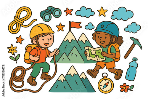 Mountain Adventure Doodle. Colorful Hand-drawn doodle Children illustration Exploring Mountains [mountain, rope, helmet, backpack, boots, map, compass, sun,