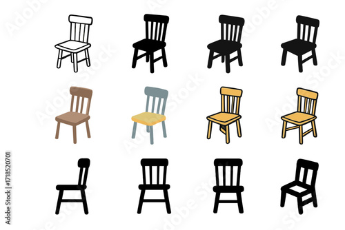 Wooden Chair Logo Design. Set Logo of Wooden Chair: Traditional dining chair with vertical slats. Logo set in vector style, emblematic variations. line, bold