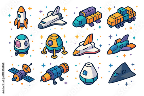 Colorful Spaceship Icons. Colorful isometric vector icons set of spaceship types: classic rocket, shuttle orbiter, interstellar cruiser, cargo freighter,