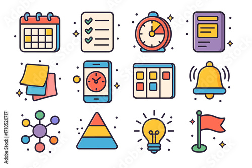 Colorful Productivity Icons. Productivity Tools. Colorful isometric vector icons set of productivity tools: calendar planner, task checklist, focus timer,