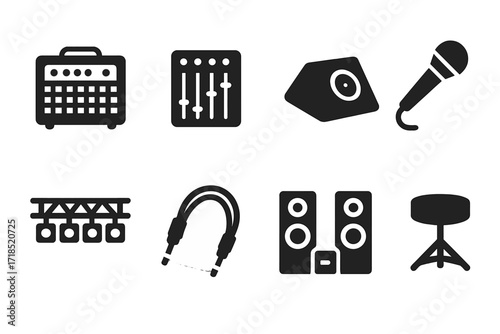 Concert Equipment Icons. Solid, filled icon set of concert equipment: amplifier, mixing console, stage monitor, wireless mic, lighting rig, cable, PA system,