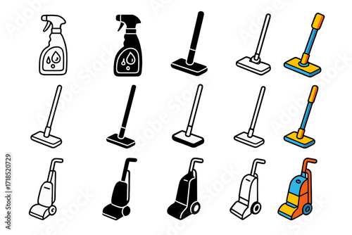 Accident Cleanup Icons. Icon Set of Accident Cleanup: Stain remover bottle, Floor mop, Carpet cleaner. Icons set in vector style, emblematic variations. Stain