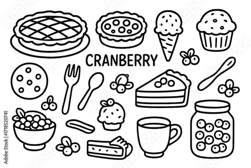 Cranberry Desserts Doodle. Hand-drawn doodle illustration Cranberry desserts pie, tart, cake, muffin, cookie, scoop, bowl, spoon, whisk, fork, plate, jar, cup,