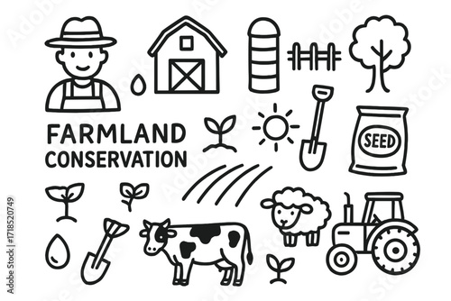 Farm Life Doodles. Hand-drawn doodle illustration farmland conservation farmer hat, barn, silo, fence, shovel, plowed field, seed bag, tree, water droplet,