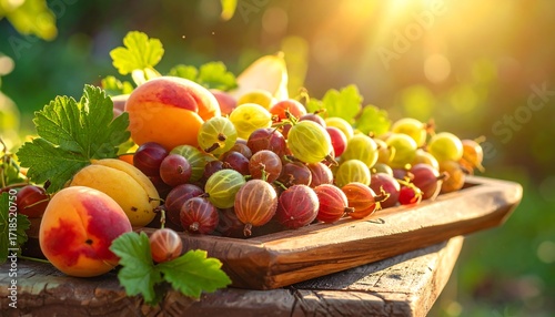 Fototapeta Naklejka Na Ścianę i Meble -  Fresh summer fruits in wooden tray