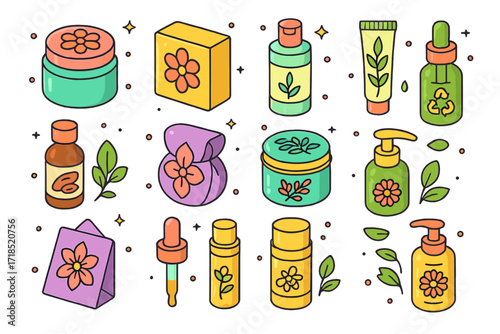 Nature Vibe Packaging Icons. Colorful isometric vector icons set of Nature Vibe Cosmetic Packaging: clay mask jar with floral lid, flower-embossed soap box,