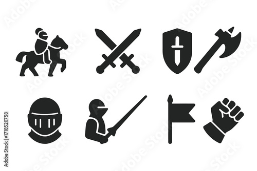 Chivalric Battle Icons. Solid, filled icon set of chivalric battles: knight on horseback, sword clash, shield block, battle axe, helmet, lance, flag, gauntlet.