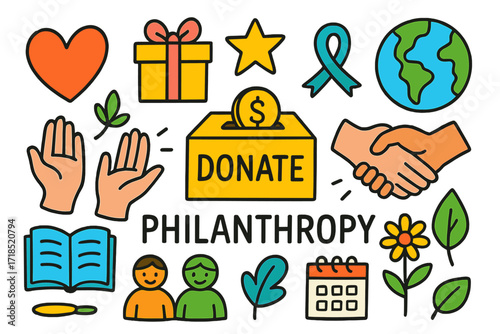 Colorful Philanthropy Doodles. Philanthropy. Colorful Hand-drawn doodle Children illustration heart, gift box, coin, donation box, handshake, star, ribbon,