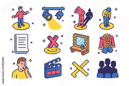 Isometric Theatre Icon Set. Colorful isometric vector icons set of Actor under lights: spotlighted actor on stage, stage spotlight rig, dramatic shadow