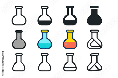 Colorful Flask Logos. Set Logo of Flasks: Flat-bottom volumetric flask. Logo set in vector style, emblematic variations. line, bold thick line, solid black