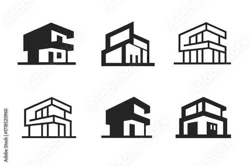 Modern House Logos. Architecture. Set Logo of Architecture: Modern house. harmonious logo variations of the same emblematic concept, each with different