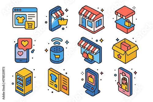 Colorful Shopping Icons. Colorful isometric vector icons set of Shopping Channels: online store page, mobile shopping app, physical retail shop, pop-up stand,