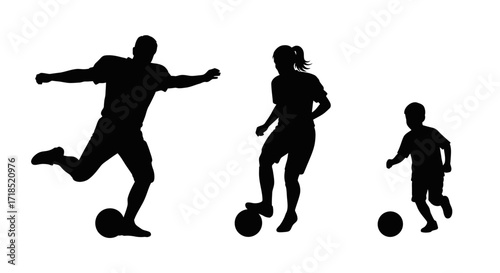 Family Playing Soccer Silhouettes, Football Players Vector Set, Man, Woman, and Child Kicking Soccer Ball, Sport Activity Silhouettes