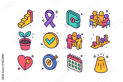 Healing Icons Collection. Colorful isometric vector icons set of healing and recovery: progress ladder, mental health ribbon, safe journal, therapy group,