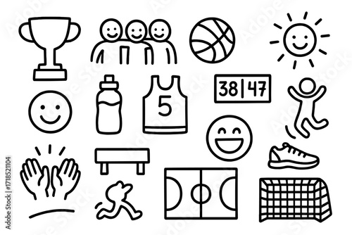 Friendly Sports Icons. Hand-drawn doodle illustration Friendly outdoor sports competition trophy, group icon, basketball, scoreboard, smiley face, water