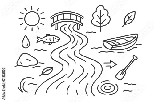 Flowing River Doodle. Hand-drawn doodle illustration Flowing River [river curve, rock, fish, bridge, water droplet, splash, current lines, leaf floating, tree,