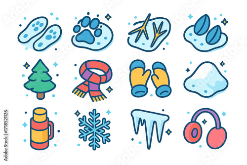 Isometric Snowy Prints Icons. Colorful isometric vector icons set of Snowy Animal Prints: snowshoe hare prints, wolf paw in snow, bird claw marks, deer tracks