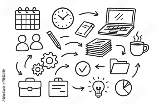 Office Choreography Doodles. Hand-drawn doodle illustration Workload choreography in the office [calendar, clock, laptop, notebook, pencil, document stack,