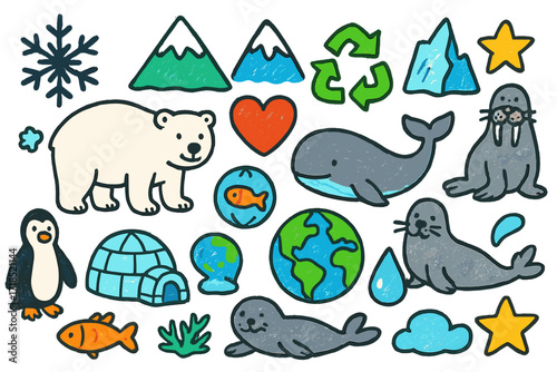 Arctic Doodle Icons. Colorful Hand-drawn doodle Children illustration Arctic environment snowflake, mountain, igloo, iceberg, polar bear, whale, walrus, fish,