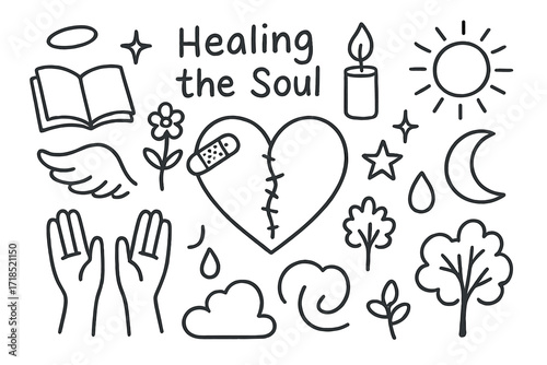 Healing Symbols Doodle. Hand-drawn doodle illustration Healing the soul heart stitched, bandage, candle, star, spark, flower, sun, moon, wings, hands, tear