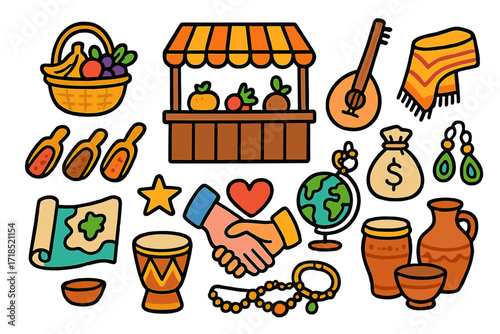 Colorful Market Doodles. Colorful Hand-drawn doodle Children illustration Marketplace traditions market stall, fruit basket, spices, scarf, musical instrument,