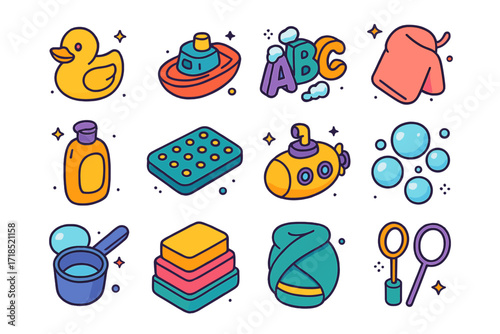 Bath Time Icons. Colorful isometric vector icons set of bath time fun for siblings: rubber duck, floating boat, foam letters, washcloth, shampoo bottle,