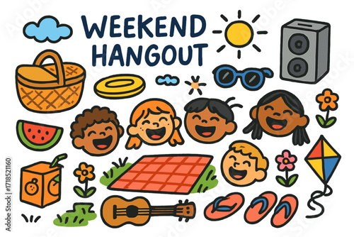 Fun Weekend Picnic. Colorful Hand-drawn doodle Children illustration Weekend Hangout with Friends picnic basket, frisbee, sunglasses, laughing faces, grass,