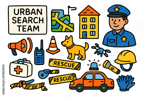 Urban Search Team Icons. Colorful Hand-drawn doodle Children illustration Urban Search Team city map, building, police officer, rescue cone, megaphone, radio,