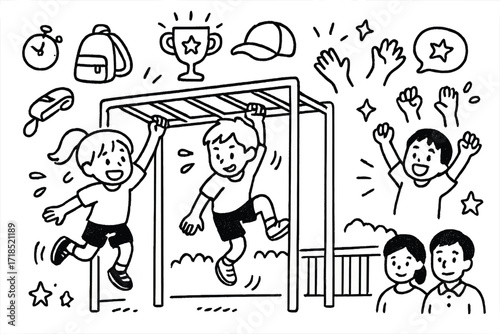 Kids on Monkey Bars. Hand-drawn doodle illustration [kids playing on monkey bars] [children climbing, monkey bars, cheering icon, stopwatch, backpack, cap,