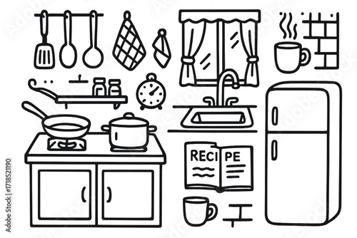Kitchen Tools Doodle. Hand-drawn doodle illustration Kitchen Scene frying pan, stove, pot, hanging utensils, dish towel, spice jars, cabinet, timer, recipe