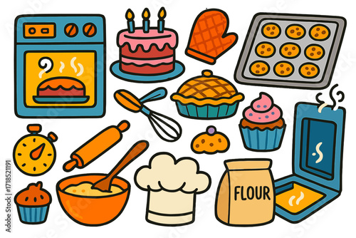 Kid's Baking Adventure. Colorful Hand-drawn doodle Children illustration Baking Oven oven, baking tray, mittens, cake, pie, cookies, timer, rolling pin, whisk,