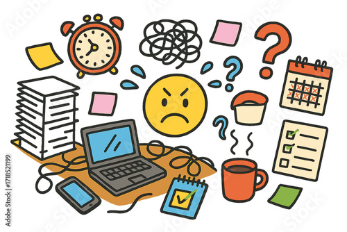 Messy Desk Chaos. Overwhelm. Colorful Hand-drawn doodle Children illustration messy desk, laptop, paper stack, alarm clock, frowning face, tangled wires,