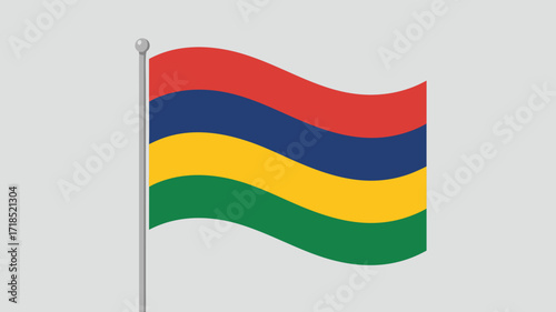 Mauritius Flag Waving on a Pole with Vivid Colors and Neutral Background